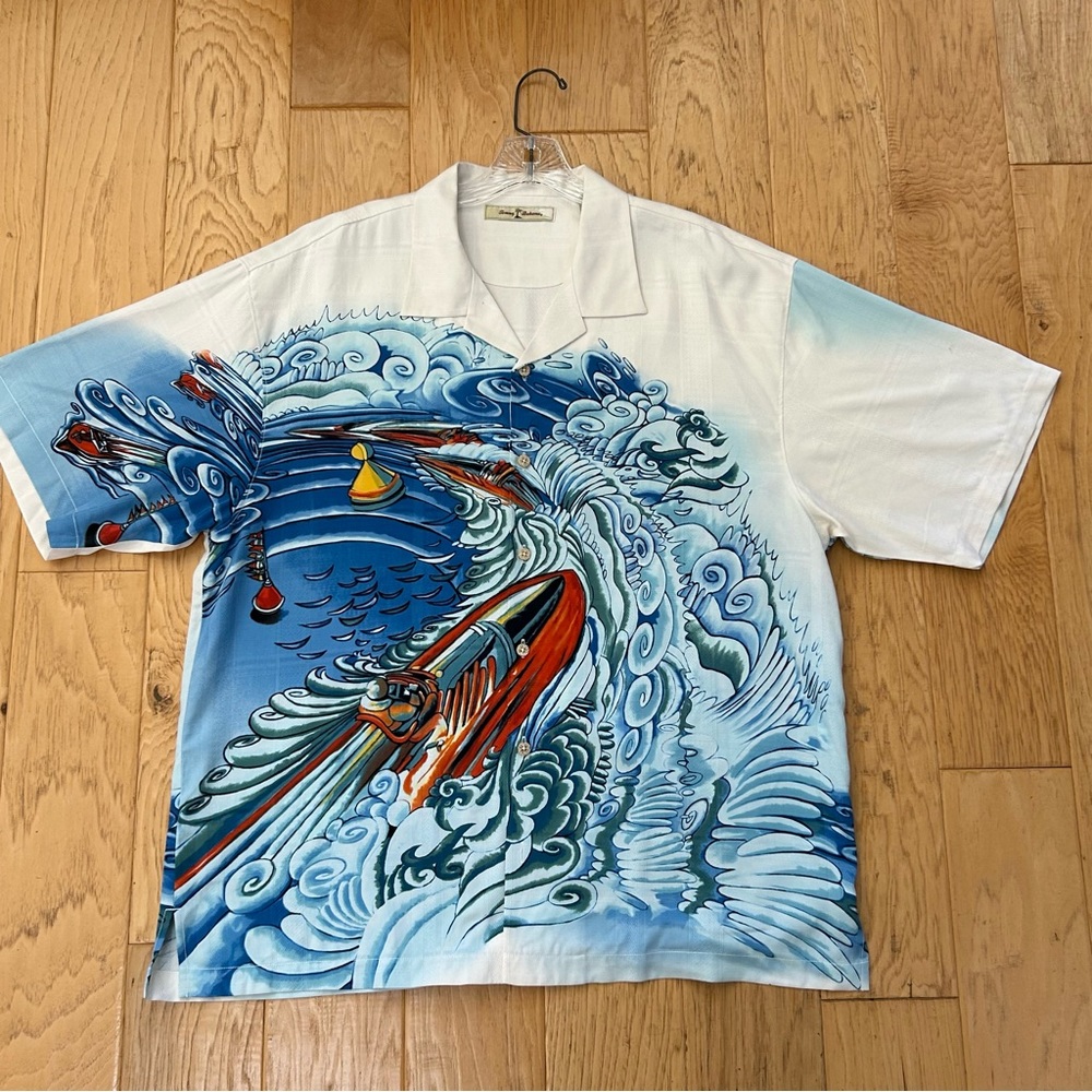 Tommy Bahama Silk Racing Regatta Button Front Shirt in XL White Blue Red